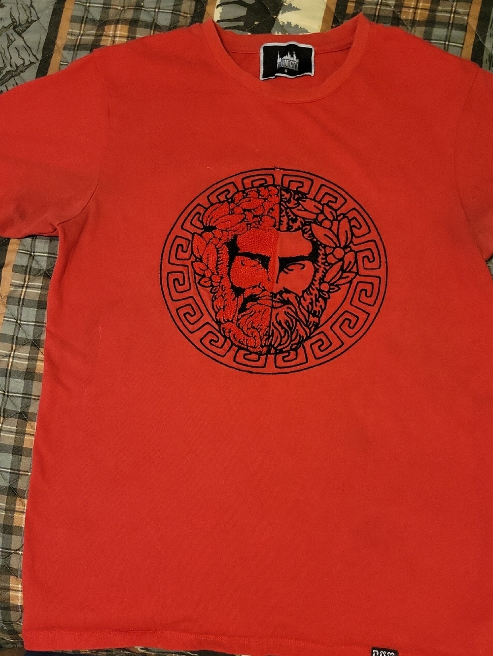 Men's Red Graphic Crew Neck Tee with Greek God Medallion Face